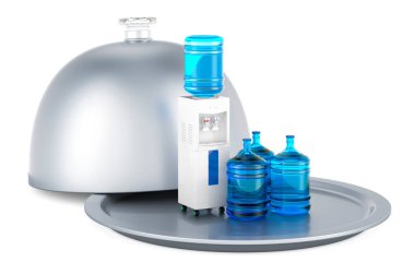 Restaurant cloche with water cooler and water dispenser bottles, 3D rendering isolated on white background