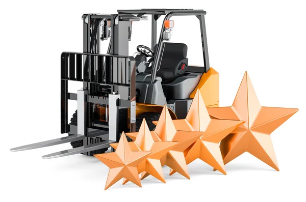 Forklift Truck Five Golden Stars Customer Rating Freight Delivery Rendering — Stock Photo, Image