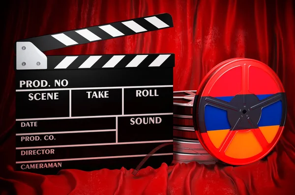 Armenian cinematography, film industry, cinema in Armenia, concept. Clapperboard with and film reels on the red fabric, 3D rendering