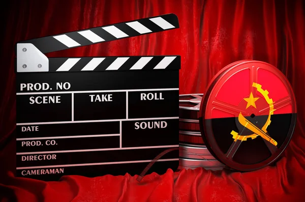 Angolan cinematography, film industry, cinema in Angola, concept. Clapperboard with and film reels on the red fabric, 3D rendering