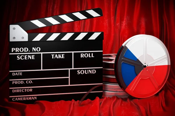 Czech cinematography, film industry, cinema in Czech Republic, concept. Clapperboard with and film reels on the red fabric, 3D rendering