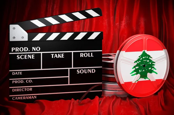 Lebanese cinematography, film industry, cinema in Lebanon, concept. Clapperboard with and film reels on the red fabric, 3D rendering