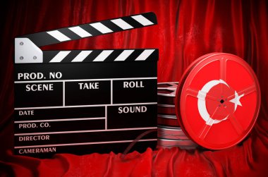Turkish cinematography, film industry, cinema in Turkey, concept. Clapperboard with and film reels on the red fabric, 3D rendering