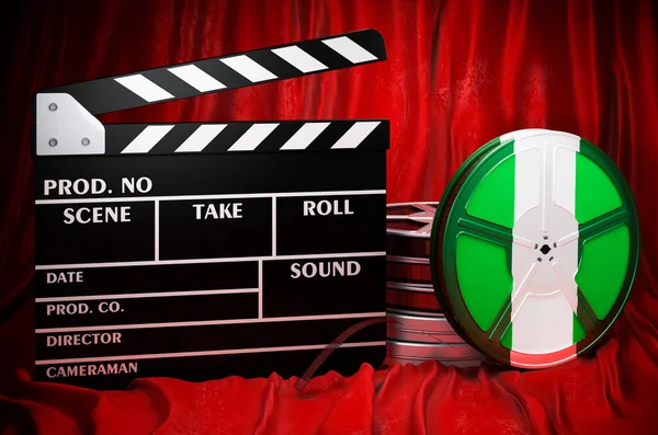 Nigerian cinematography, film industry, cinema in Nigeria, concept. Clapperboard with and film reels on the red fabric, 3D rendering