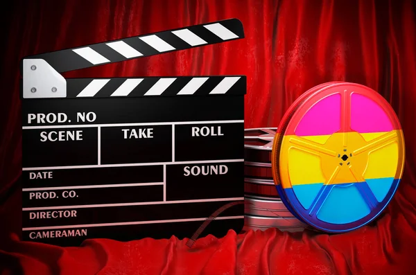 Pansexual Flag Clapperboard Film Reels Red Fabric Rendering — Fotografia de Stock