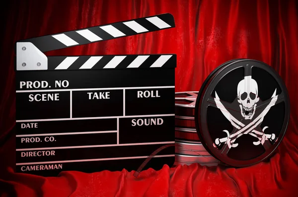 Piracy Flag Clapperboard Film Reels Red Fabric Rendering — Fotografia de Stock