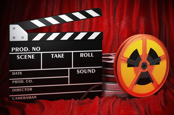 Radiation Sign Clapperboard Film Reels Red Fabric Rendering — Fotografia de Stock
