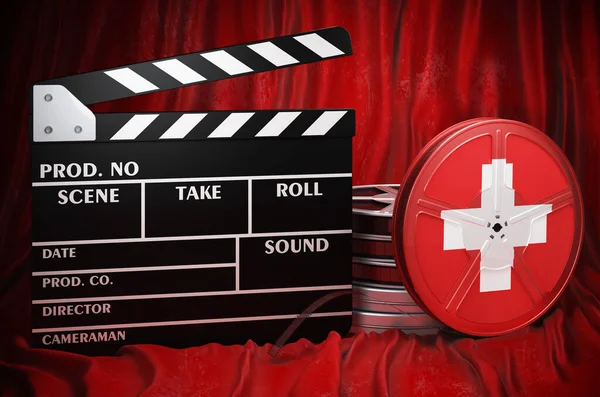 Swiss Cinematography Film Industry Cinema Switzerland Concept Clapperboard Film Reels — Fotografia de Stock