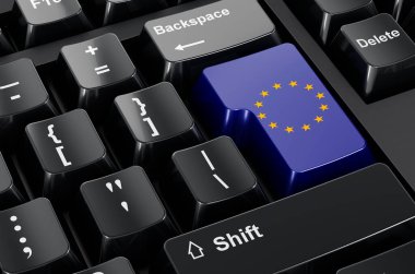 The EU flag painted on computer keyboard. Online business, education in the European Union concept. 3D rendering