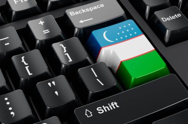 Uzbek flag painted on computer keyboard. Online business, education in Uzbekistan concept. 3D rendering