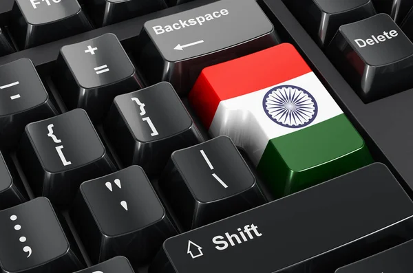 Indian flag painted on computer keyboard. Online business, education in India concept. 3D rendering