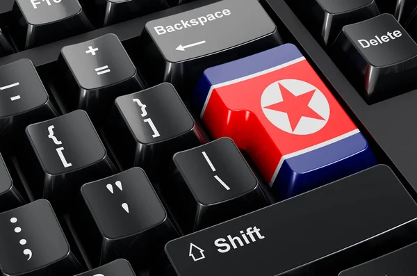 North Korean flag painted on computer keyboard. Online business, education in North Korea concept. 3D rendering