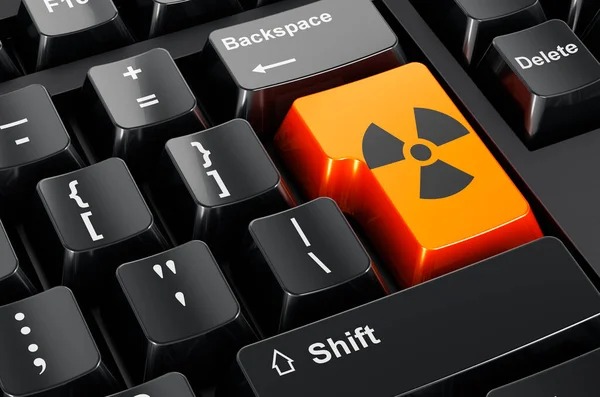 Radiation sign painted on computer keyboard. 3D rendering