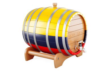 Wooden barrel with Colombian flag, 3D rendering isolated on white background