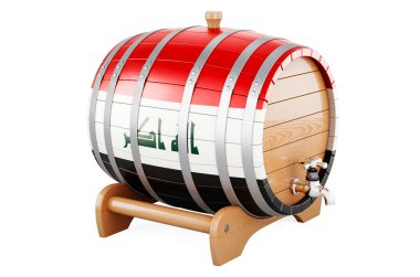 Wooden barrel with Iraqi flag, 3D rendering isolated on white background