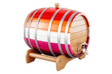Wooden barrel with lesbian flag, 3D rendering isolated on white background