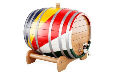 Wooden barrel with Seychelloise flag, 3D rendering isolated on white background