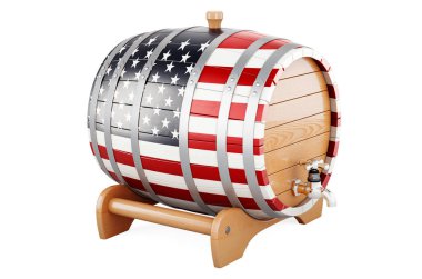 Wooden barrel with the United States flag, 3D rendering isolated on white background
