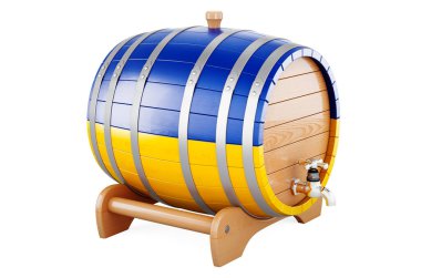 Wooden barrel with Ukrainian flag, 3D rendering isolated on white background