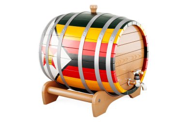 Wooden barrel with Zimbabwean flag, 3D rendering isolated on white background