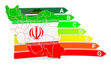 Iranian map with energy efficiency rating, 3D rendering isolated on white background