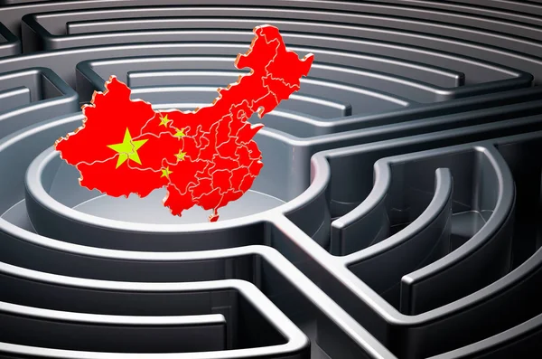 Chinese map inside maze, 3D rendering