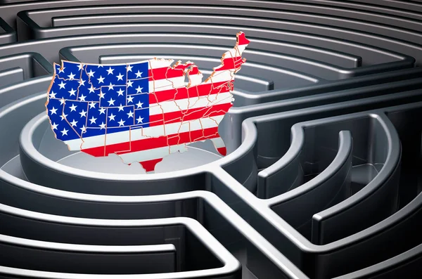 The United States map inside maze, 3D rendering