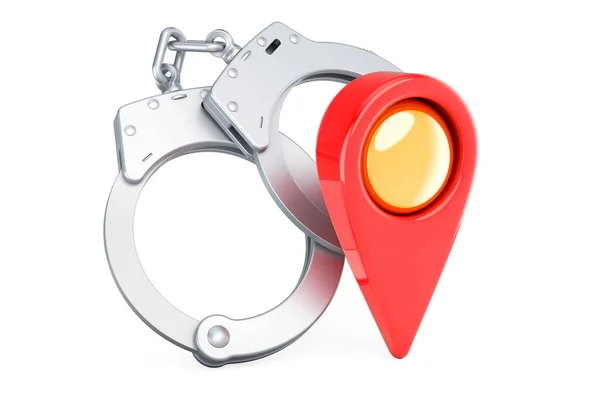 Handcuffs Map Pointer Rendering Isolated White Background — Stock Photo, Image