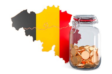 Altın sikkelerle dolu cam kavanozlu Belçika haritası, beyaz arkaplanda 3 boyutlu görüntüleme