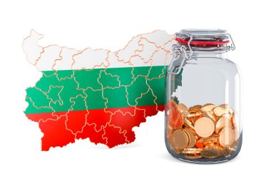 Altın sikkelerle dolu cam kavanozlu Bulgar haritası, beyaz zemin üzerinde 3 boyutlu görüntüleme