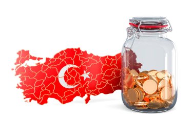 Altın sikkelerle dolu cam kavanozlu Türk haritası, beyaz zemin üzerinde 3 boyutlu görüntüleme