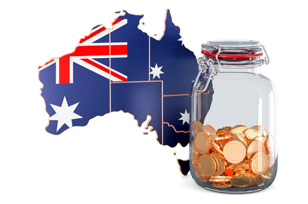Australská Mapa Skleněnou Sklenicí Plnou Zlatých Mincí Vykreslování Izolované Bílém — Stock fotografie