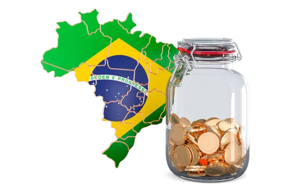 Brasiliansk Karta Med Glasburk Full Gyllene Mynt Rendering Isolerad Vit — Stockfoto