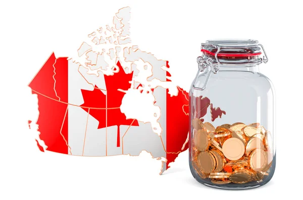Canadese Kaart Met Glazen Pot Vol Gouden Munten Weergave Geïsoleerd — Stockfoto