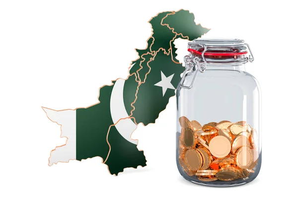 Mapa Paquistanês Com Jarra Vidro Cheia Moedas Ouro Renderização Isolada — Fotografia de Stock