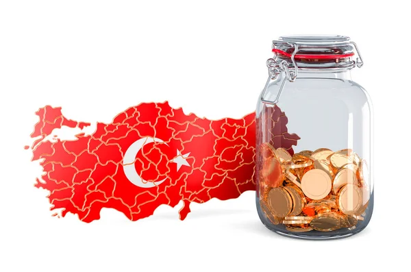Mapa Turco Con Tarro Vidrio Lleno Monedas Oro Representación Aislada —  Fotos de Stock