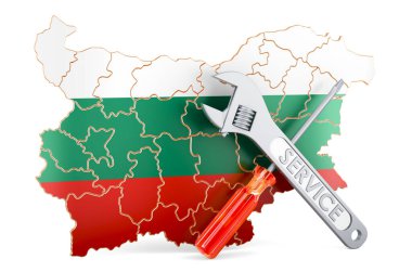 Tornavida ve ingiliz anahtarlı Bulgar haritası, beyaz arkaplanda 3 boyutlu görüntüleme