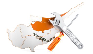 Tornavida ve ingiliz anahtarlı Kıbrıs haritası, beyaz arkaplanda 3 boyutlu görüntüleme