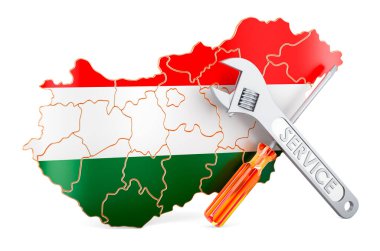 Tornavida ve ingiliz anahtarlı Macar haritası, beyaz arkaplanda 3 boyutlu görüntüleme