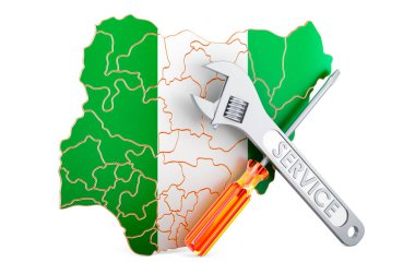 Tornavida ve ingiliz anahtarlı Nijerya haritası, beyaz arkaplanda 3 boyutlu görüntüleme