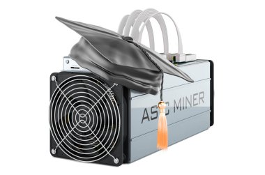 Mezuniyet şapkalı ASIC madencisi, beyaz arkaplanda 3D görüntüleme