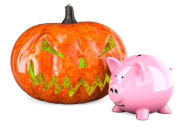 Domuz kumbaralı Cadılar Bayramı Balkabağı, beyaz arkaplanda 3 boyutlu görüntüleme