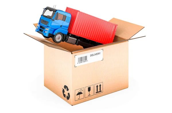小包の中のコンテナトラック 貨物輸送 配送コンセプト 白い背景に隔離された3Dレンダリング — ストック写真