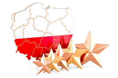 Beş yıldızlı Polonya haritası. Puan, kalite, Polonya 'da hizmet. Beyaz arkaplanda 3B görüntüleme izole edildi