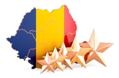 Beş yıldızlı Romanya haritası. Derecelendirme, kalite, Romanya 'da hizmet. Beyaz arkaplanda 3B görüntüleme izole edildi