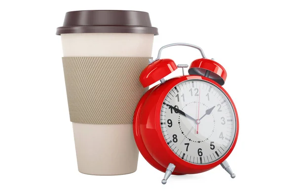 Disposable Cup Hot Drink Alarm Clock Coffee Time Concept Rendering — Stock Photo, Image