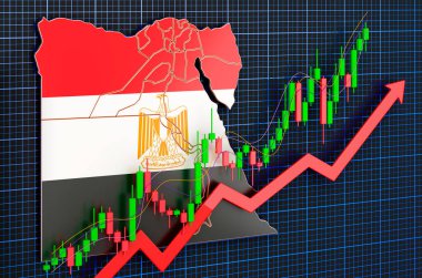 Mısır 'da ekonomik büyüme, piyasa yükselmesi, konsept. Mavi koyu arkaplanda 3B görüntüleme