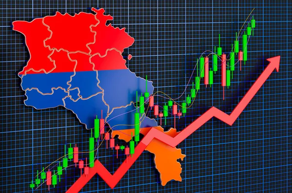 Economic growth in Armenia, uptrend market, concept. 3D rendering on blue dark background