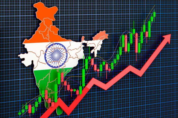 Ekonomisk Tillväxt Indien Uppåtgående Marknad Koncept Rendering Blå Mörk Bakgrund — Stockfoto