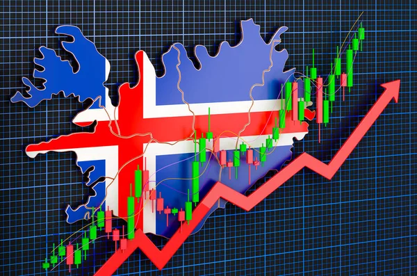 Economic growth in Iceland, uptrend market, concept. 3D rendering on blue dark background